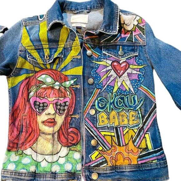 Custom Painted Blue Jean Jacket Original Pop Art style  size extra small - Picture 2 of 6